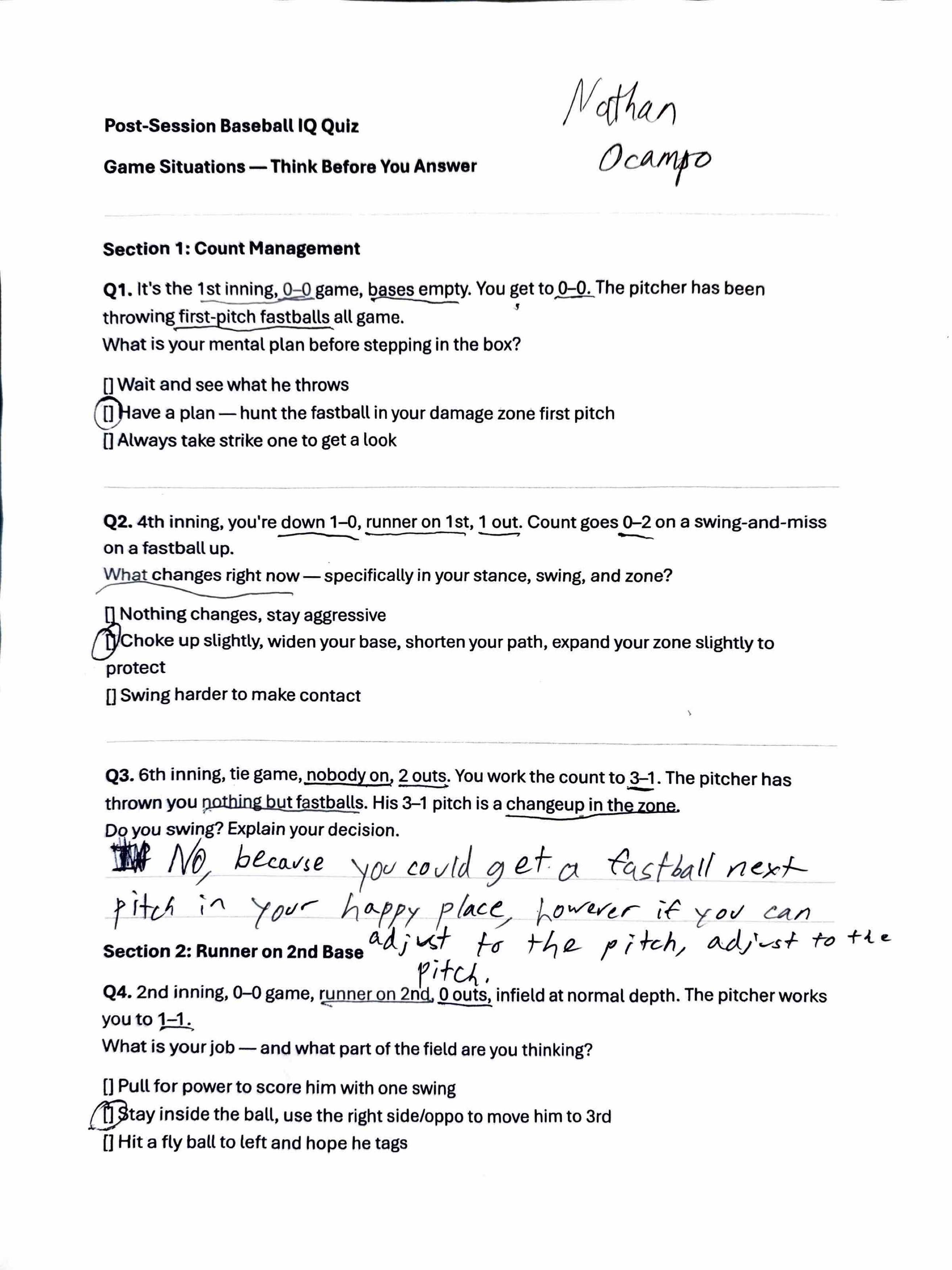 A hitting IQ worksheet used with players to test approach and pitch-selection thinking